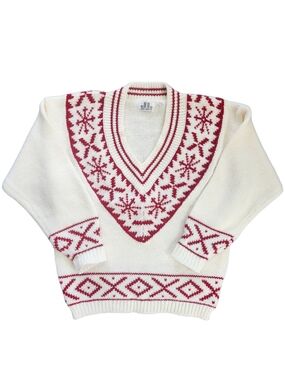 Vintage Nordic Fair Isle Sweater Red Cream Chunky Knit Ski Après Pullover Womens